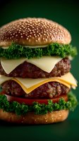 Double cheeseburger with fresh lettuce, tomato, and multiple beef patties on sesame seed bun against dark green background. Close-up macro food photography.