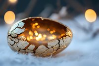 Cracked golden egg shell with glowing warm light and bokeh effects on soft white background creates magical Easter atmosphere and festive mood.