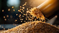 Golden grain pouring from metal scoop onto heap of wheat kernels with particles suspended in warm light, suitable for agriculture, food production, and harvest concepts.