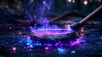 Mystical cauldron with purple magical smoke and sparkling effects creates enchanting fantasy atmosphere for supernatural storytelling projects.