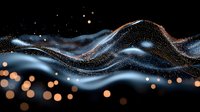 Abstract flowing waves of glowing blue particles with golden bokeh lights on black background create mesmerizing motion effect for luxury designs.
