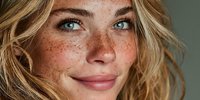 Young blonde woman with freckles smiling warmly at camera showing natural beauty and confidence for skincare and wellness campaigns.