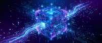 Digital blockchain cube with glowing connections and data streams in purple blue gradient space representing cryptocurrency technology and network security.