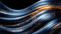 Flowing abstract waves in blue and orange colors with glowing light effects and sparkles on black background create dynamic motion pattern.
