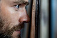 Close-up profile view of bearded Caucasian man with blue eyes looking through window or gap, showing contemplation and curiosity in dramatic lighting.