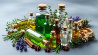 Collection of natural essential oil bottles with herbs, spices and dried citrus for aromatherapy, wellness and spa treatments on gray background.