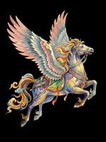 Ornate winged horse with elaborate decorative patterns in gold, pink, and blue tones, isolated on transparent background. Ready for t-shirt design, clipart, stickers, and print-on-demand products.