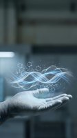 Digital hand holding glowing molecular structures and energy waves representing biotechnology innovation and scientific research advancement.