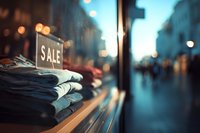 Folded denim jeans with sale sign in store window display against blurred urban street background with evening city lights.