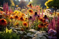 Beautiful summer garden with blooming rudbeckia, echinacea and liatris flowers backlit by golden sunset light, perfect for nature photography, gardening, and seasonal backgrounds.
