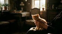 Ginger kitten held in hands with warm sunlight streaming through window in cozy home interior, perfect for pet care and lifestyle content.