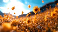 Dreamy sunflower field at golden hour with floating autumn leaves and bokeh light effects against blue sky, creating magical atmospheric nature scenery.