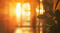 Silhouette of plant leaves against warm sunset light through window creating atmospheric bokeh effect, soft focus interior scene for wellness and mindfulness.