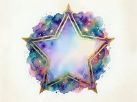 Watercolor star frame with golden outline surrounded by purple, blue and teal paint splashes on light background for decorative design projects.