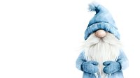 Winter gnome with blue knit hat and mittens holding white beard on isolated white background. Scandinavian folklore character for holiday decorations.