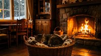 Cozy tabby cat sleeping peacefully in wicker basket by warm stone fireplace in rustic cabin interior with wooden furniture and glowing flames creating homey atmosphere.