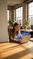 Young professional woman using laptop with AI holographic interface in modern office workspace with natural lighting and industrial windows.
