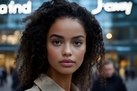 Young African American woman with natural curly hair and confident expression against urban background with soft bokeh lights. Professional headshot style portrait.