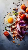 Sunny side up egg with prosciutto, cherry tomatoes and purple cabbage on dark background. Fresh ingredients create dramatic contrast and shadows.