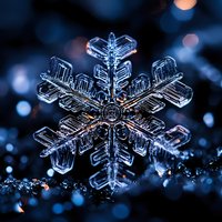 Macro photography of natural snowflake crystal with intricate geometric patterns and symmetrical branches against dark background with blue bokeh lights.
