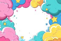 Playful cartoon clouds in pink, yellow and turquoise with stars create decorative frame border on white background, suitable for children room decor and party invitations.