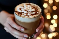 Creamy latte with delicate cocoa powder snowflake design on milk foam, held in glass cup against blurred golden bokeh lights, manicured hands.