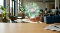 Businessman holding glowing digital network globe in modern office workspace with colleagues collaborating in background, representing global connectivity and business innovation.