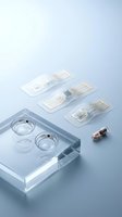 Microfluidic lab-on-chip devices and glass slides arranged on clean laboratory surface for biomedical research and diagnostic testing applications.