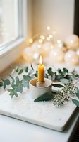 Beeswax candle burning in ceramic holder with eucalyptus leaves and decorative stars on white tray by window with warm bokeh lights creating cozy atmosphere.