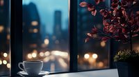Coffee cup on windowsill against blurred city lights at dusk, with decorative plant silhouette creating cozy evening atmosphere. Moody urban lifestyle scene.