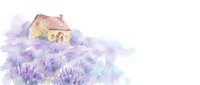 Watercolor painting of rustic stone cottage surrounded by purple lavender fields in Provence countryside with soft pastel colors and dreamy atmosphere.