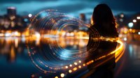 Young woman silhouette against night city lights with creative circular light trails overlay creating magical atmosphere. Bokeh reflections on water surface add depth.