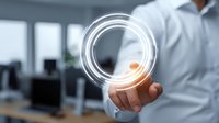 Businessman touching glowing circular hologram interface in modern office environment. Digital technology concept for business innovation.