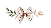 Delicate watercolor bow in neutral beige tones with polka dot pattern and botanical leaves on sides, isolated on white background for stationery and design projects.