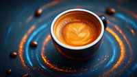 Fresh espresso with latte art heart pattern in white ceramic cup on dark background with coffee beans and glowing light effects creating spiral motion.