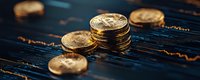 Golden cryptocurrency coins stacked on dark wooden surface with financial chart graph, dramatic lighting creates luxurious mood for finance and investment concept.