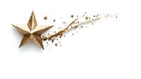 Golden glittery star decoration with sparkling trail effect on white background, isolated festive element for holiday and Christmas designs.