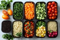 Fresh meal prep ingredients in containers with chopped vegetables, quinoa, lentils and herbs arranged on gray background for healthy weekly cooking and balanced nutrition.