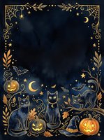 Spooky Halloween frame with black cats, jack-o-lanterns, and gold ornamental borders on dark background. Perfect for seasonal designs, invitations, and festive projects.