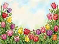 Watercolor tulip garden border with colorful blooms in pink, red, yellow and purple on soft sky background with copy space.