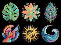Six colorful boho watercolor clipart elements with gold outlines, isolated on transparent background. Leaf, mandala, feather, sun, wave designs for stickers, sublimation, t-shirt design, print on demand.
