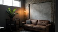 Modern loft living room with brown leather sofa, exposed brick wall, concrete artwork, pendant lighting, and potted fern plant for contemporary interior design projects.