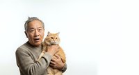 Senior Asian man holding ginger tabby cat against white background. Mature male with gray hair wearing beige sweater posing with pet for portrait photography.
