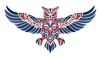 Stylized owl with spread wings in tribal art style featuring red and navy blue geometric patterns on white background, isolated design element for creative projects.