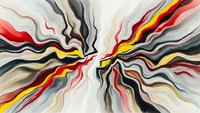 Abstract fluid art with dynamic flowing lines in red, yellow, black and white creating energetic radial burst pattern for modern interior design projects.