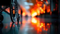 Empty wheelchair silhouette against blurred orange bokeh lights background with reflection on wet floor, creating dramatic atmospheric mood for healthcare concept.