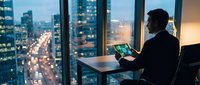 Businessman in dark suit working on tablet at high-rise office desk overlooking illuminated city skyline at dusk, urban professional environment.