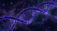 Purple DNA double helix structure floating in cosmic space with stars and nebula background for genetics research and biotechnology concepts.