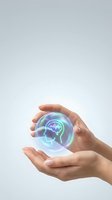 Hands protecting glowing brain with neural waves in holographic sphere representing mental health care, psychology, and cognitive wellness concepts.