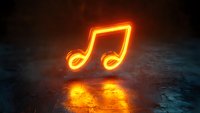 Glowing neon musical note symbol floating over reflective wet surface with orange light illumination against dark atmospheric background with fog effects.
